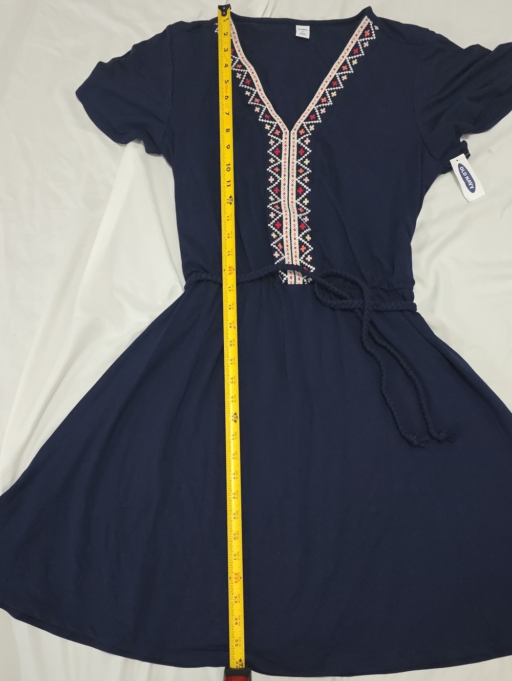 Navy Embroidered V-Neck Dress with Braided Waist Tie Size M - Picture 6 of 8